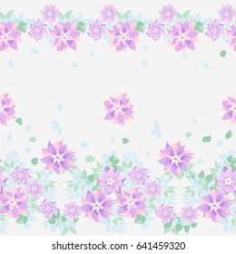 Seamless soft border in cute flowers of purple clematis. Floral exotic background for textile, wallpaper, pattern fills, covers, surface, print, gift wrap, scrapbooking, decoupage. Satin print.