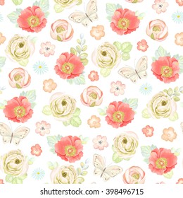 Seamless soft colorful pattern with ranunculus, rose hip, butterflies and leaves, vector floral illustration in vintage watercolor style.