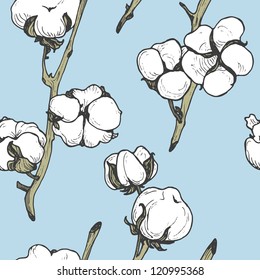 Seamless soft cotton floral pattern on blue sky background