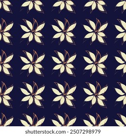 A seamless soft cream of blue flowers pattern of cloth pattern of handdrawing style of petals are outlined in a brownish-orange color, adding definition.