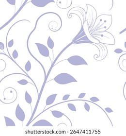 Padrão floral suave e sem emenda com delicadas flores roxas e folhas em um fundo branco. Ideal para têxteis elegantes, papéis de parede e uso digital. Design elegante decorativo vetor botânico.