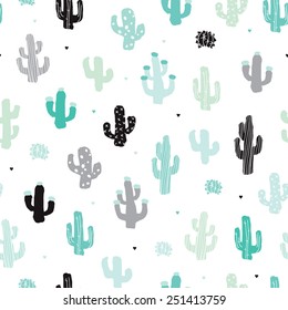 Seamless soft mint and blue cactus forest illustration background pattern in vector