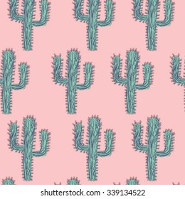 Seamless soft mint and blue cactus forest illustration background pattern in vector