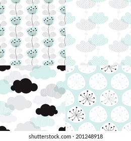 Seamless soft pastel clouds and flower blossom illustration background collection set pattern in vector