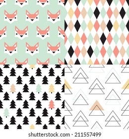 Seamless soft pastel geometric christmas tree triangle and fox illustration background set collection pattern in vector