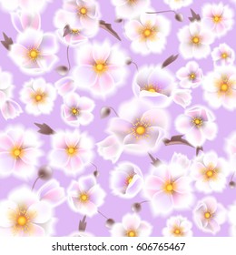 Seamless soft pattern with anemones. Delicate white flowers and brown twigs in vintage watercolor style. Vector illustration EPS10