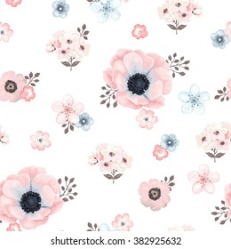 Seamless soft pattern with anemones, small flowers and brown twigs in vintage watercolor style, vector illustration.