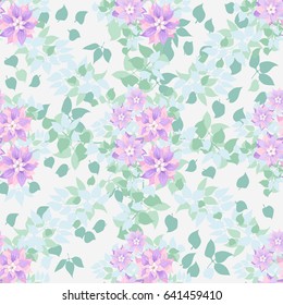 Seamless soft pattern in cute flowers of purple clematis. Floral exotic background for textile, wallpaper, pattern fills, covers, surface, print, gift wrap, scrapbooking, decoupage.