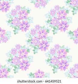 Seamless soft pattern in cute flowers of purple clematis. Floral exotic background for textile, wallpaper, pattern fills, covers, surface, print, gift wrap, scrapbooking, decoupage.