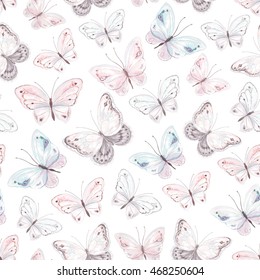 Seamless soft pattern with tender butterflies on white background, vector illustration in vintage style.