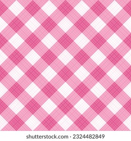 Seamless soft pink colors gingham fabric cloth, tablecloth, pattern, swatch, background, or wallpaper with fabric texture visible. Diagonal repeat pattern. Single tile here.
