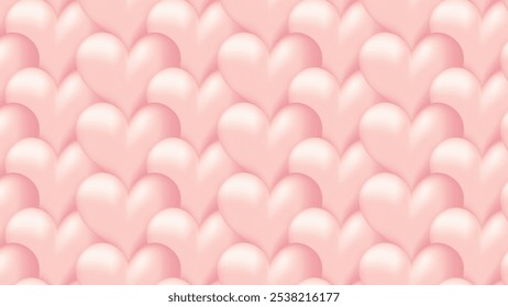 Seamless soft pink heart pattern background features gentle, 3D-style hearts with a smooth gradient, perfect for love background themes. heart background, seamless love wallpaper, 3D heart pattern