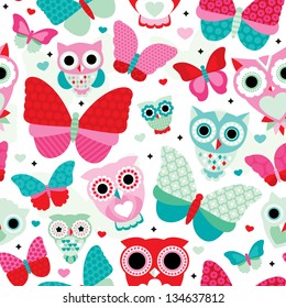 Seamless soft powder pastel butterfly and owl illustration background pattern in vector