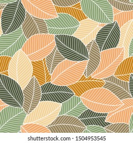 Seamless soft tones leaf autumn pattern doodle background. For textile or book covers, wallpapers, design, graphic art, printing, hobby, invitation. 