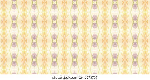 Padrão floral étnico de tons suaves e sem emenda em tons pastel amarelos e alfazema, ideal para tecidos, papéis de parede ou fundos decorativos.