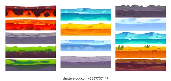 Seamless soil ground layers, level surface game asset, vector UI. Cartoon soil dirt, grass land, rock and sand ground layer textures. Water, stone, lava, snow, ice and swamp underground cross sections