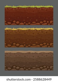 Seamless soil layers. Layered dirt clay, ground layer with stones and grass on dirts cliff texture, underground buried rock, archeology landscape cartoon vector pattern isolated set for your design