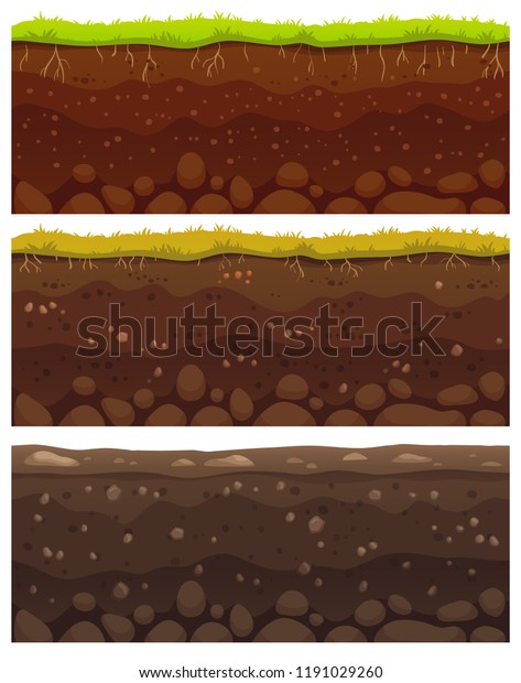 Seamless\
soil layers. Layered dirt clay, ground layer with stones and grass\
on dirts cliff texture, underground buried rock, archeology\
landscape cartoon vector pattern isolated\
set