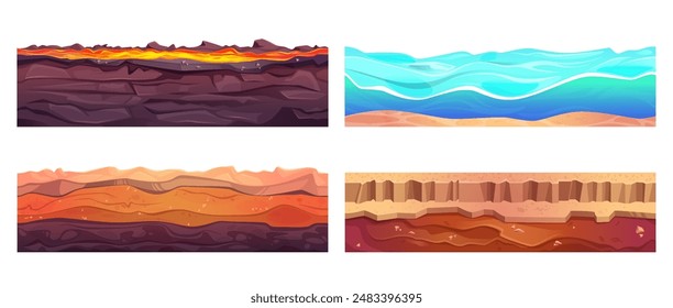 Seamless soil texture set for game design. Vector cartoon illustration of hot volcanic lava, underwater sand bottom, ground with mud, dry desert surface, underground patterns for gaming landscape