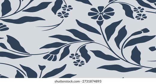 Un patrón botánico sin fisuras y sofisticado con flores estilizadas de color azul oscuro y hojas intrincadas, creando un diseño armonioso y decorativo sobre un fondo claro y sutil.