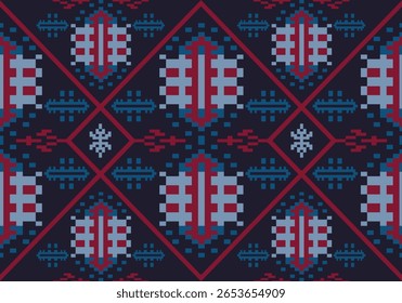 seamless sophisticated dark-hued pixel pattern using navy, red, and icy blue tones. It features shield-like motifs and aquatic shapes, arranged within structured red diamond frames for a regal effect.
