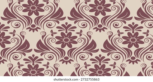 Um padrão de damasco floral perfeito e sofisticado, com um intrincado trabalho de rolagem e flores estilizadas, apresentado em uma paleta de castanhos e cremes mudos, evocando uma sensação de elegância clássica e dez.