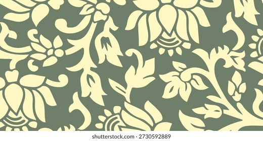 A seamless and sophisticated floral pattern featuring an array of stylized flowers and swirling leaves, creating a classic and decorative botanical design.