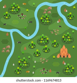 Seamless Southeast Asian jungle-inspired pattern in a very simple flat style, complete with its animals, plants, and local settlement. This variant (Variant C) is combinable with map in same series