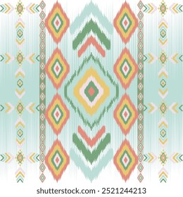 Seamless Southwestern Tribal Geometric Pattern in Pastel Tones - Symmetrical Diamond Ikat Motifs with Green, Mustard, Coral, Aqua Colors. Ethnic-Inspired Boho Design Ideal for Textiles and Decorative