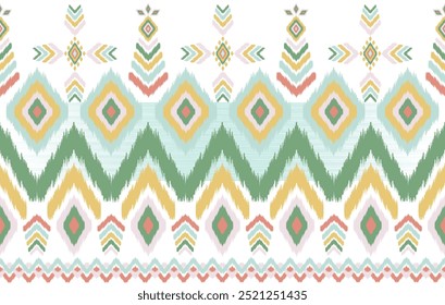 Seamless Southwestern Tribal Geometric Pattern in Pastel Tones - Symmetrical Diamond Ikat Motifs with Green, Mustard, Coral, Aqua Colors. Ethnic-Inspired Boho Design Ideal for Textiles and Decorative