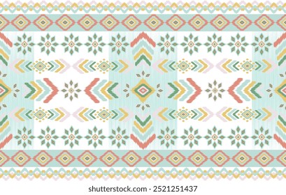 Seamless Southwestern Tribal Geometric Pattern in Pastel Tones - Symmetrical Diamond Ikat Motifs with Green, Mustard, Coral, Aqua Colors. Ethnic-Inspired Boho Design Ideal for Textiles and Decorative