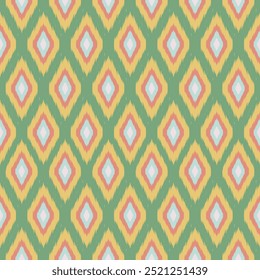 Seamless Southwestern Tribal Geometric Pattern in Pastel Tones - Symmetrical Diamond Ikat Motifs with Green, Mustard, Coral, Aqua Colors. Ethnic-Inspired Boho Design Ideal for Textiles and Decorative