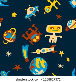 Seamless Space Background. Abstract Color Background with Aliens, Spaceships, Planets and Stars for Wallpaper, Print, Cotton. Vintage Space Kids Pattern with Cute Monsters. Vector Texture.