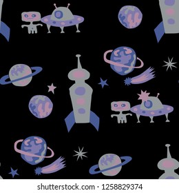 Seamless Space Background. Abstract Color Background with Aliens, Spaceships, Planets and Stars for Chintz, Curtain, Paper. Trendy Space Kids Pattern with Cute Monsters. Vector Texture.