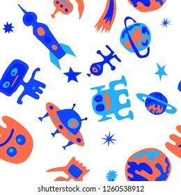 Seamless Space Background. Abstract Color Background with Aliens, Spaceships, Planets and Stars for Dress, Curtain, Tablecloth. Modern Space Kids Pattern with Cute Monsters. Vector Texture.