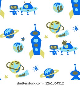 Seamless Space Background. Abstract Color Background with Aliens, Spaceships, Planets and Stars for Fabric, Cloth, Textile. Trendy Space Kids Pattern with Cute Monsters. Vector Texture.