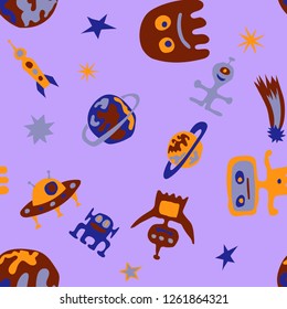 Seamless Space Background. Abstract Color Pattern with Aliens, Spaceships, Planets and Stars for Calico, Print, Textile. Vintage Space Kids Pattern with Cute Monsters. Vector Texture.