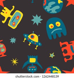 Seamless Space Background. Abstract Color Background with Aliens, Spaceships, Planets and Stars for Wallpaper, Cotton, Textile. Modern Space Kids Pattern with Cute Monsters. Vector Texture.
