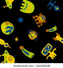 Seamless Space Background. Abstract Color Pattern with Aliens, Spaceships, Planets and Stars for Print, Fabric, Textile. Trendy Space Kids Pattern with Cute Monsters. Vector Texture.