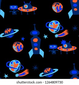 Seamless Space Background. Abstract Color Pattern with Aliens, Spaceships, Planets and Stars for Dress, Curtain, Tablecloth. Modern Space Kids Pattern with Cute Monsters. Vector Texture.