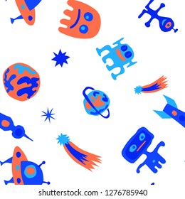 Seamless Space Background. Abstract Color Pattern with Aliens, Spaceships, Planets and Stars for Print, Fabric, Textile.  Modern Space Kids Pattern with Cute Monsters. Vector Texture.