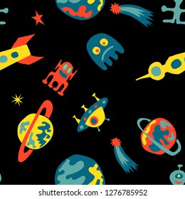 Seamless Space Background. Abstract Color Background with Aliens, Spaceships, Planets and Stars for Wallpaper, Cotton, Textile. Modern Space Kids Pattern with Cute Monsters. Vector Texture.