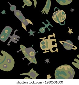 Seamless Space Background. Abstract Color Pattern with Aliens, Spaceships, Planets and Stars for Print, Fabric, Textile.  Vintage Space Kids Pattern with Cute Monsters. Vector Texture.