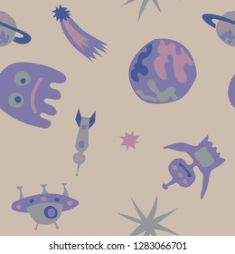 Seamless Space Background. Abstract Color Background with Aliens, Spaceships, Planets and Stars for Calico, Print, Textile. Trendy Space Kids Pattern with Cute Monsters. Vector Texture.