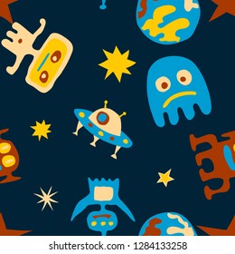 Seamless Space Background. Abstract Color Pattern with Aliens, Spaceships, Planets and Stars for Chintz, Linen, Wallpaper. Vintage Space Kids Pattern with Cute Monsters. Vector Texture.