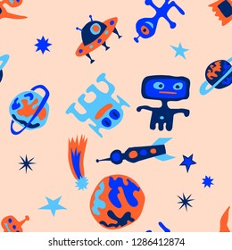 Seamless Space Background. Abstract Color Pattern with Aliens, Spaceships, Planets and Stars for Wallpaper, Fabric, Print. Modern Space Kids Pattern with Cute Monsters. Vector Texture.