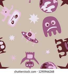 Seamless Space Background. Abstract Color Background with Aliens, Spaceships, Planets and Stars for Linen, Paper, Tablecloth. Trendy Space Kids Pattern with Cute Monsters. Vector Texture.
