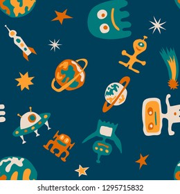 Seamless Space Background. Abstract Color Background with Aliens, Spaceships, Planets and Stars for Chintz, Linen, Wallpaper. Modern Space Kids Pattern with Cute Monsters. Vector Texture.