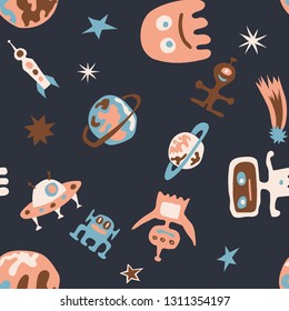 Seamless Space Background. Abstract Color Background with Aliens, Spaceships, Planets and Stars for Print, Cloth, Textile. Trendy Space Kids Pattern with Cute Monsters. Vector Texture.