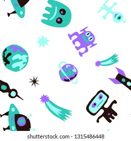 Seamless Space Background. Abstract Color Pattern with Aliens, Spaceships, Planets and Stars for Wallpaper, Print, Textile. Vintage Space Kids Pattern with Cute Monsters. Vector Texture.